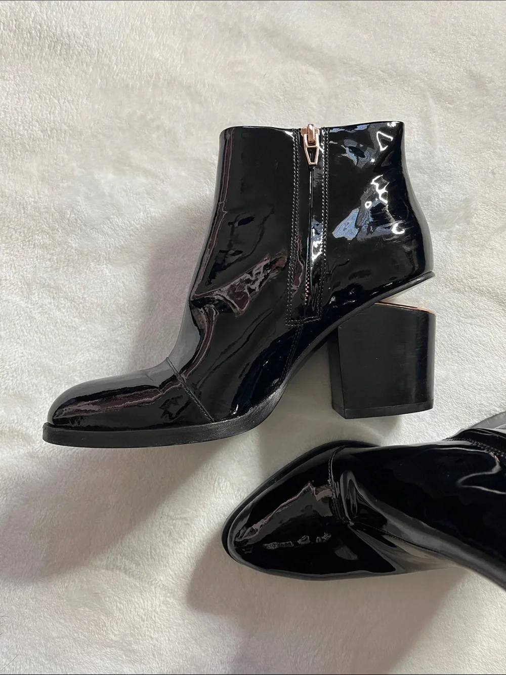 Alexander Wang 7.5 Black Patent leather Gabi Boots cut out block heel rose gold
